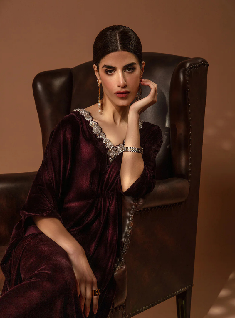 Alara Plum Embellished Velvet Kaftan Dress