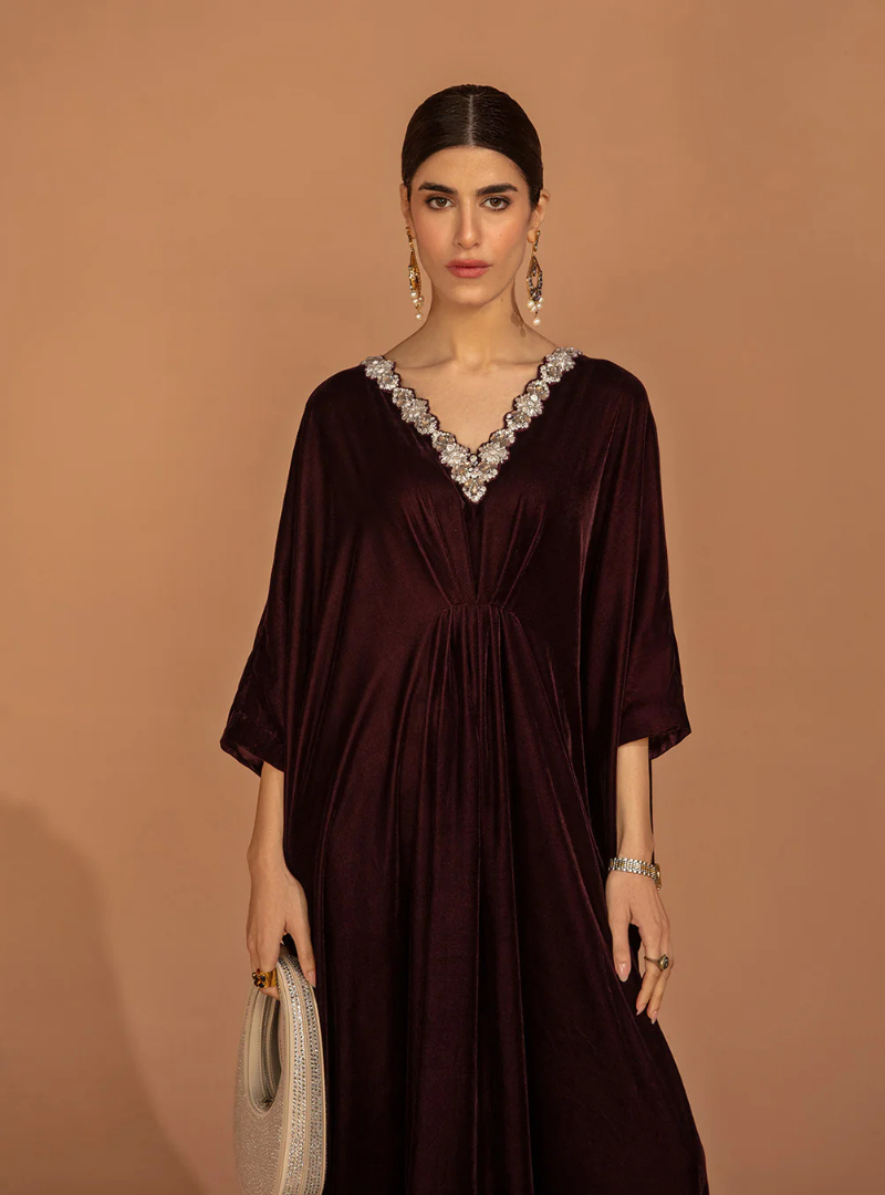 Alara Plum Embellished Velvet Kaftan Dress