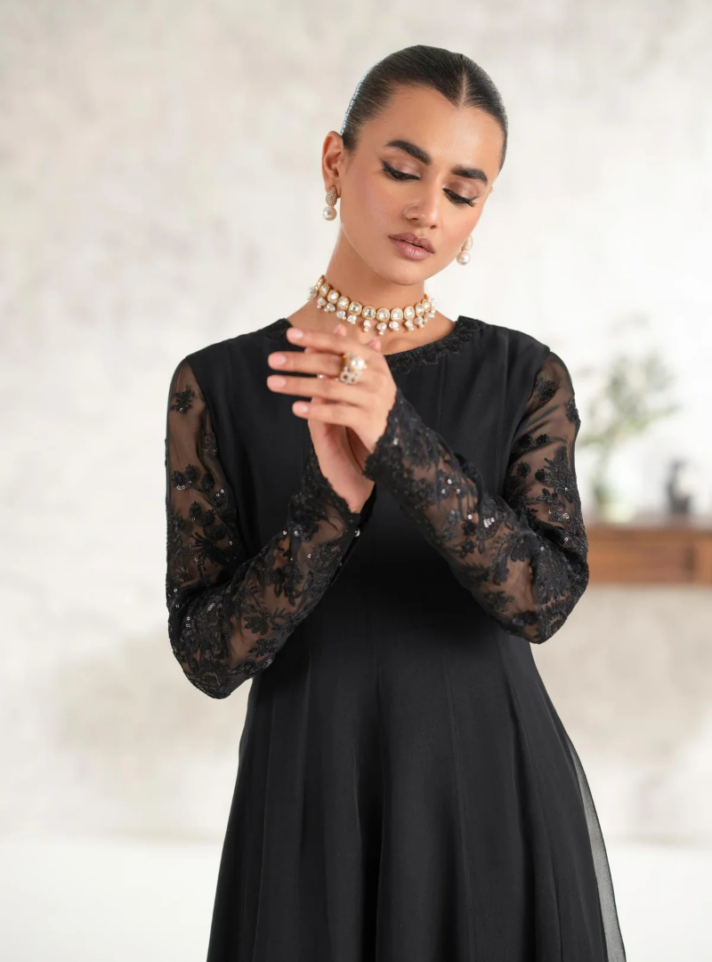 Amara Black Chiffon Maxi Dress with Embellished Sleeves The Trendy Style Amara Black Chiffon Maxi Dress with Embellished Sleeves The Trendy Style