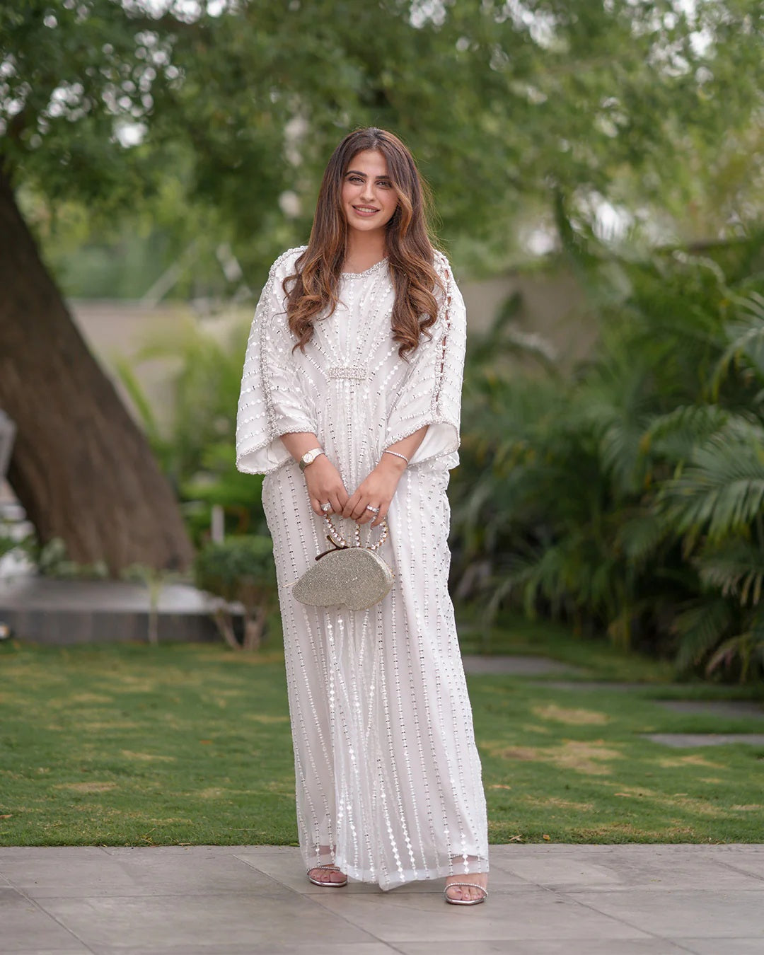 Celeste Embellished White Net Kaftan Dress