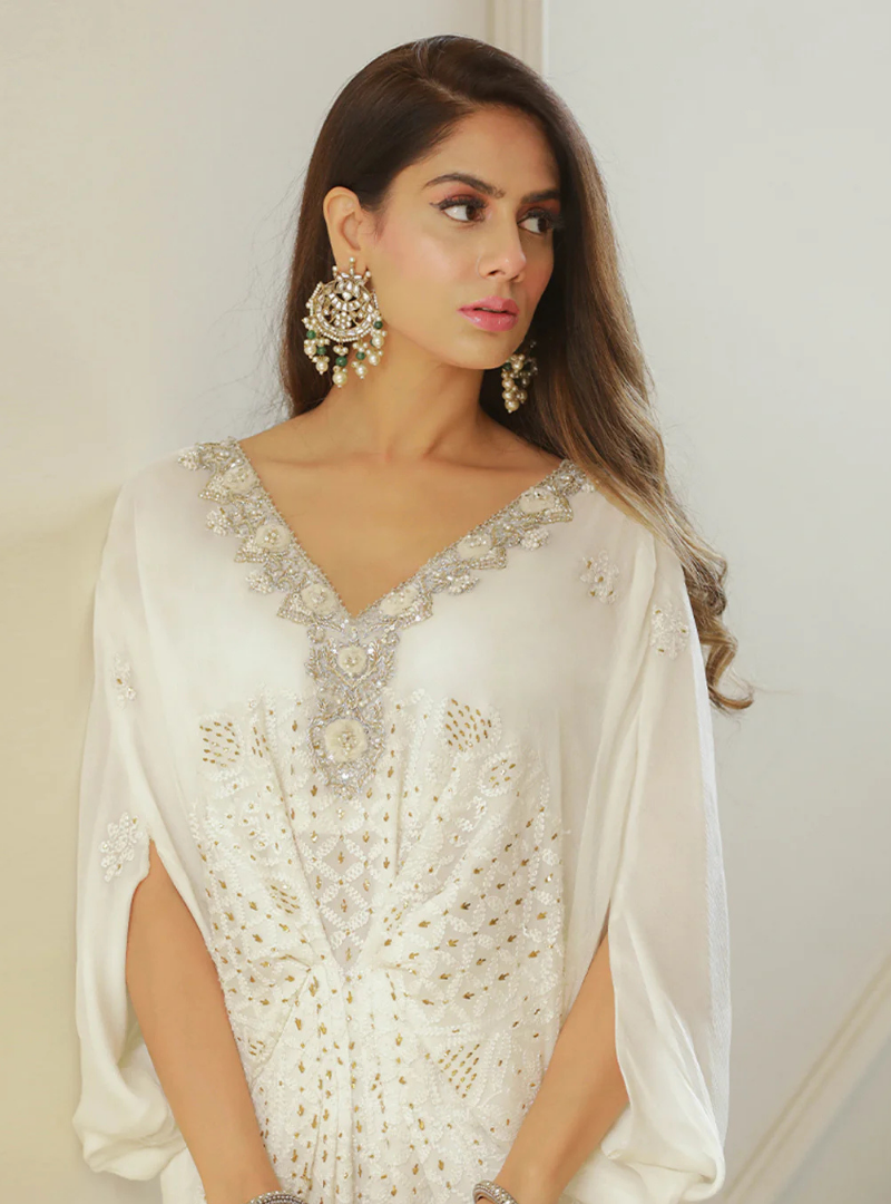 Elina White Chiffon Embellished Kaftan Dress