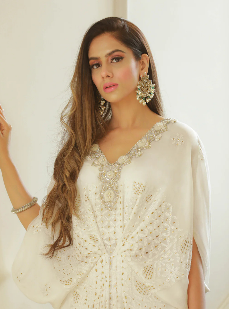 Elina White Chiffon Embellished Kaftan Dress