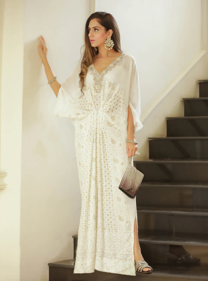 Elina White Chiffon Embellished Kaftan Dress