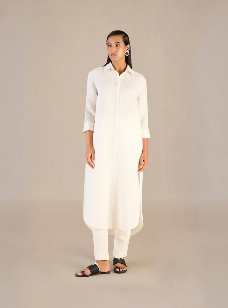 Elina Ivory Embossed Linen Tunic Set