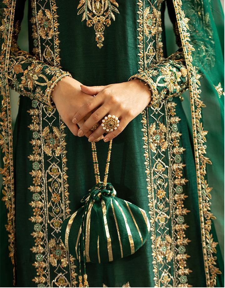 Emerald Green Handworked Korean Raw Silk Dress