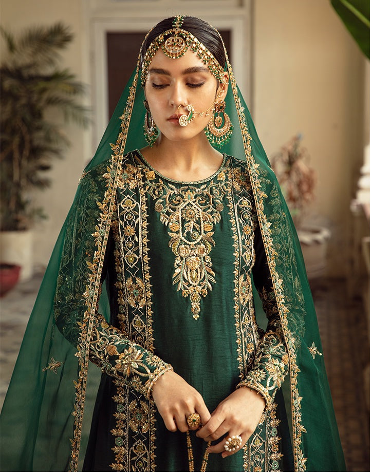 Emerald Green Handworked Korean Raw Silk Dress