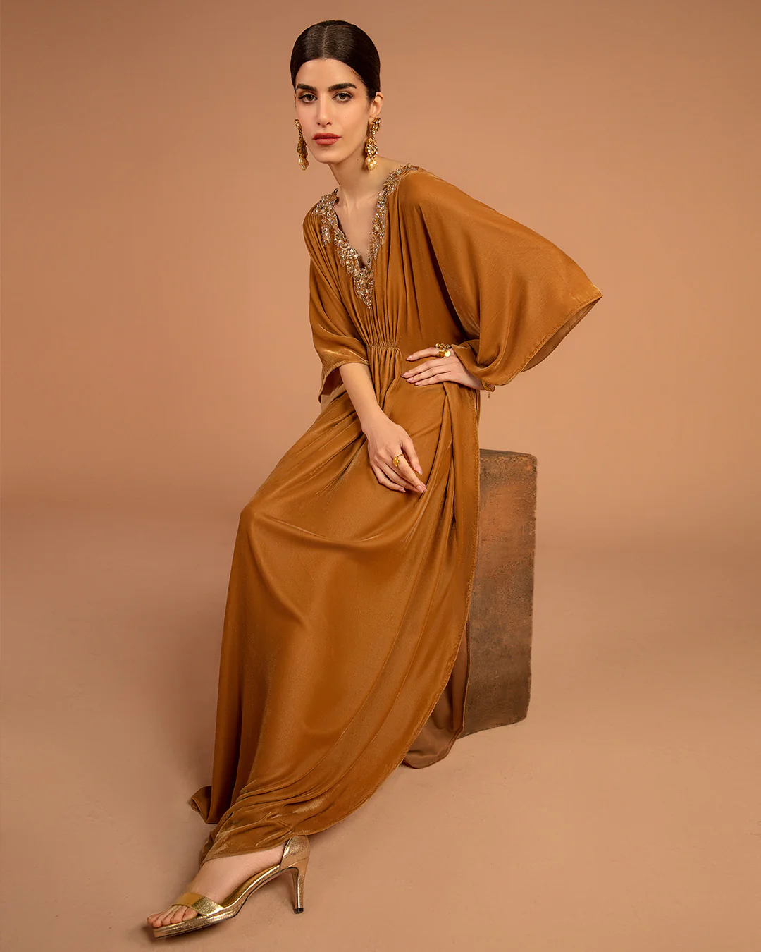 Liana Mustard Embellished Velvet Kaftan Dress