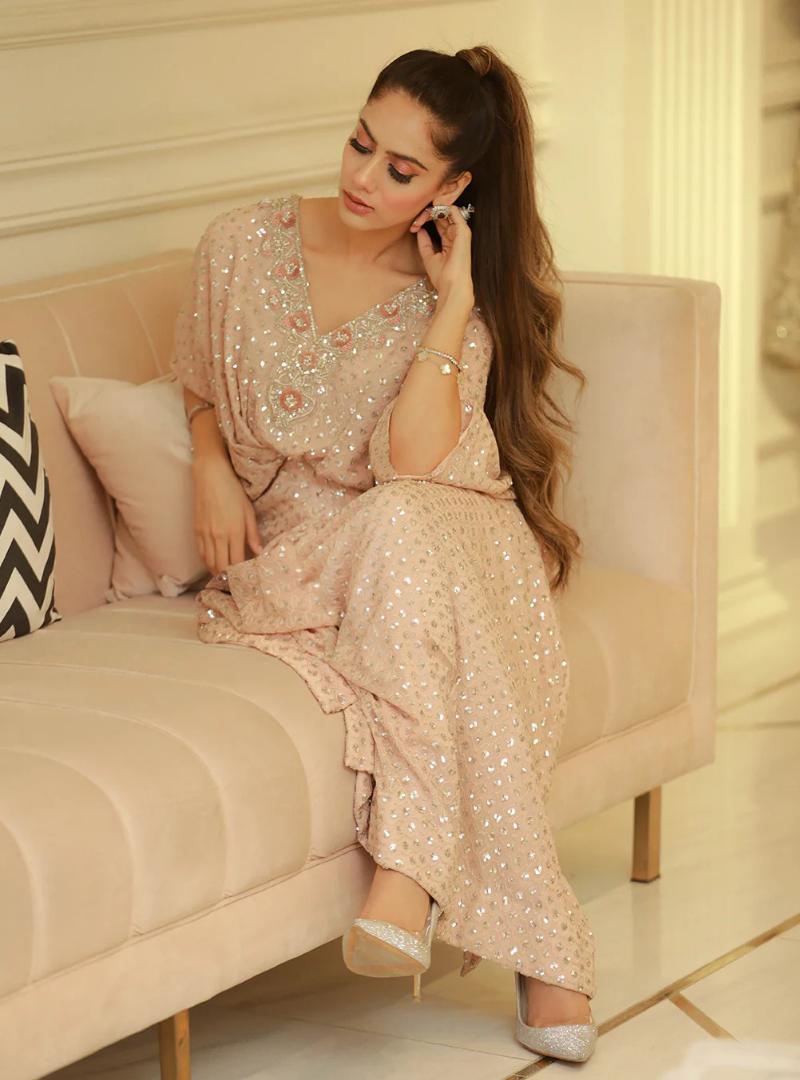 Mira Champagne Sequin Chiffon Kaftan Dress