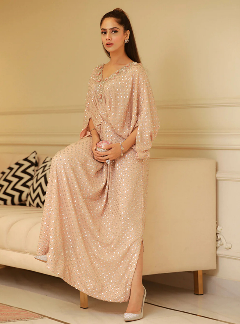 Mira Champagne Sequin Chiffon Kaftan Dress
