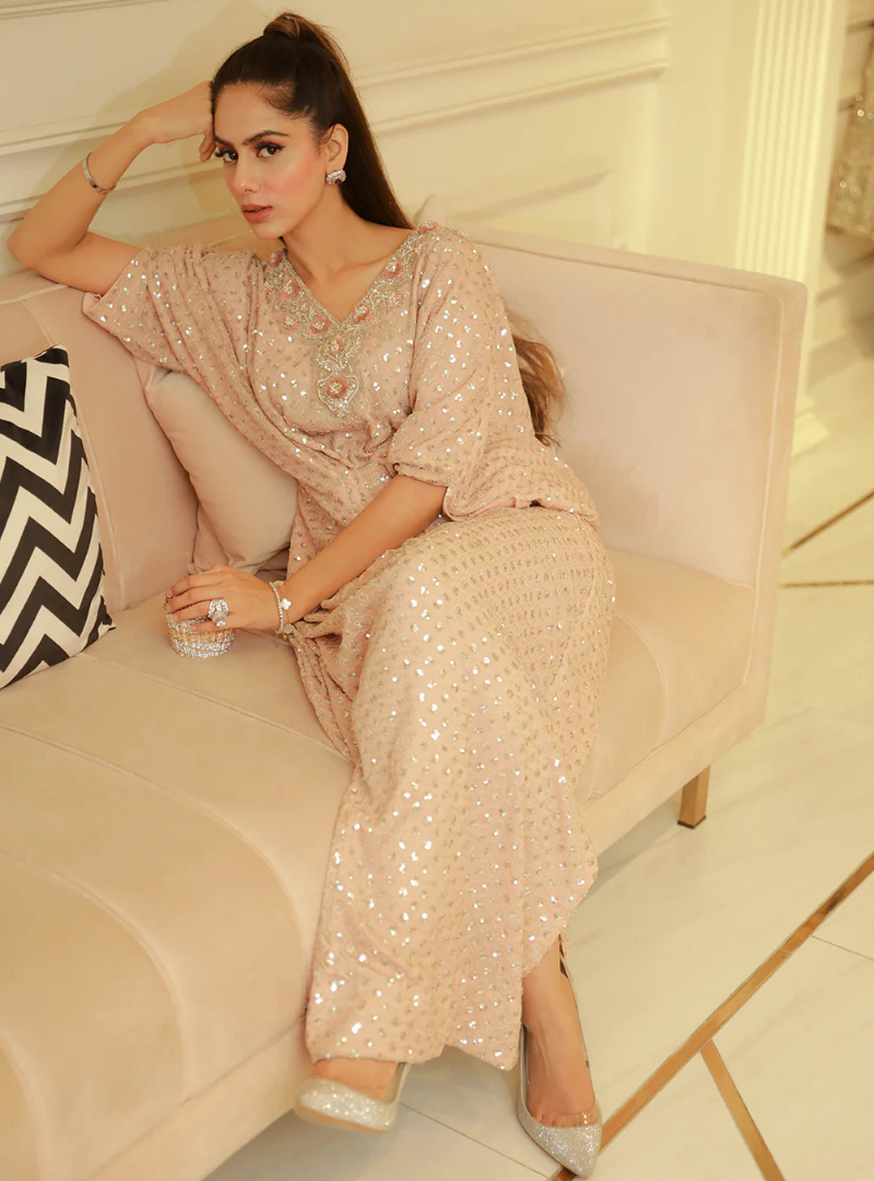 Mira Champagne Sequin Chiffon Kaftan Dress