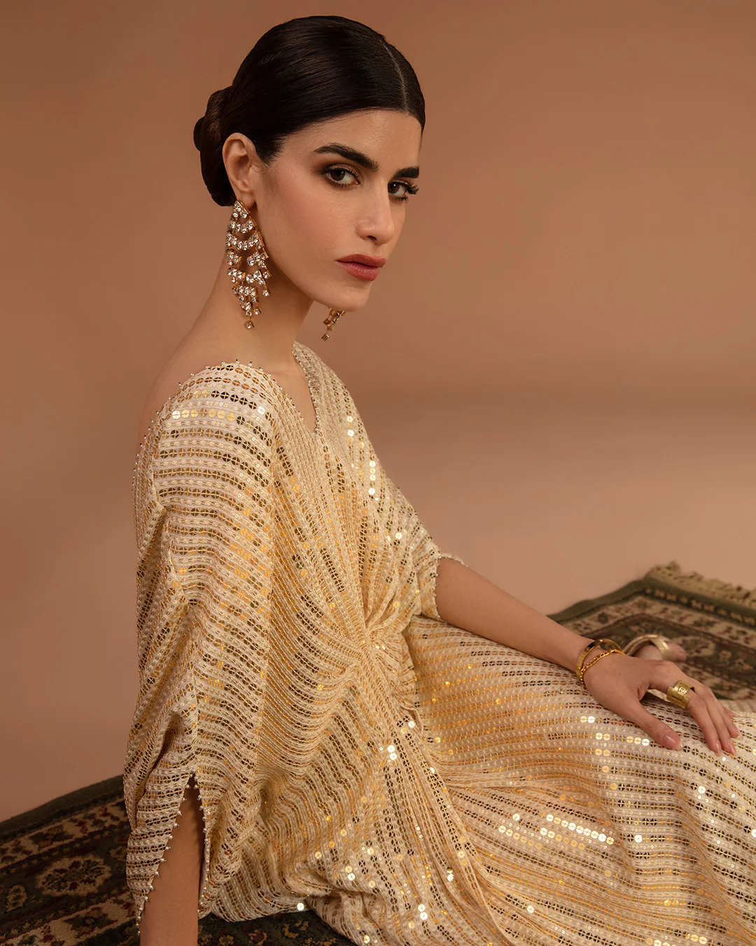 Selena Gold Sequin Georgette Kaftan Dress