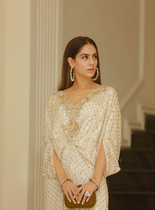Selin White Sequin Chiffon Embellished Kaftan Dress