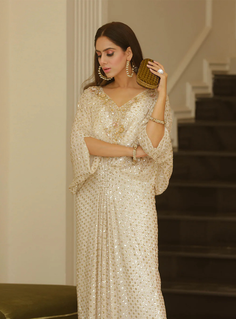Selin White Sequin Chiffon Embellished Kaftan Dress