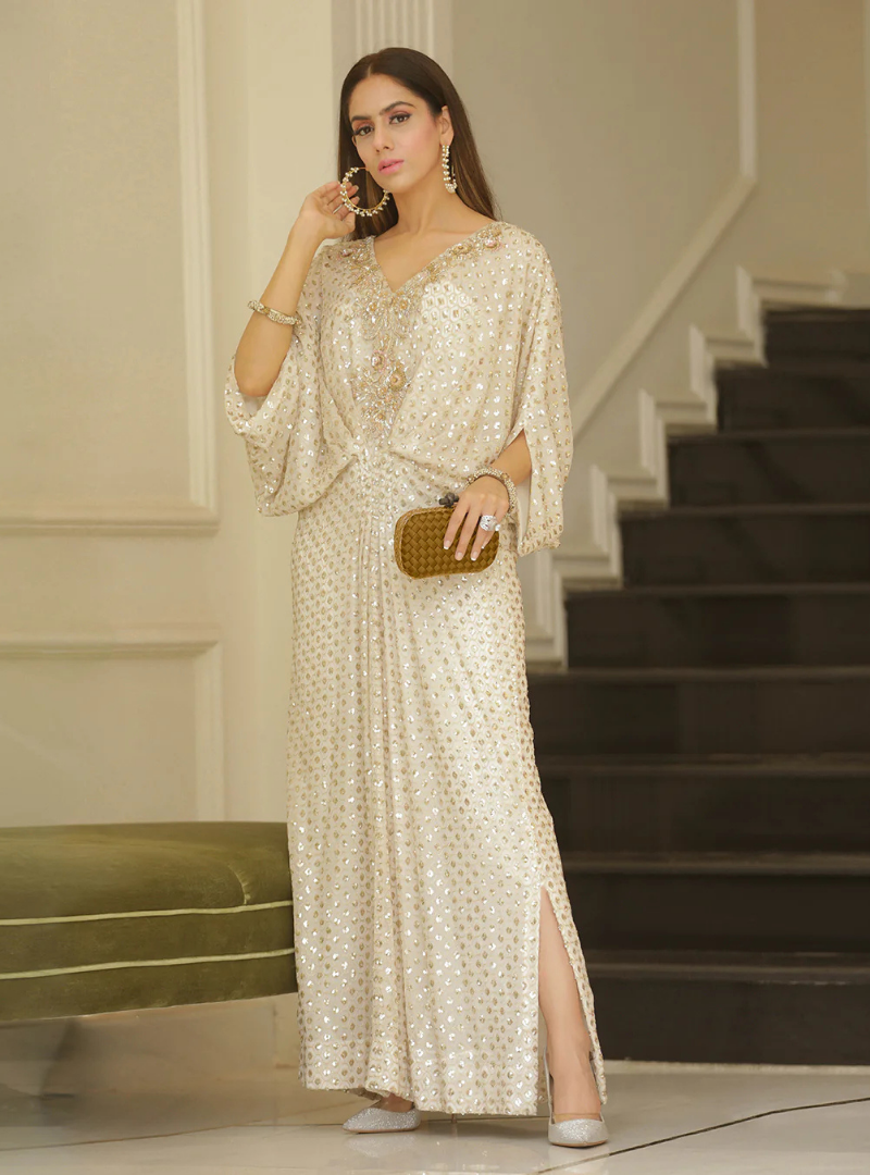 Selin White Sequin Chiffon Embellished Kaftan Dress