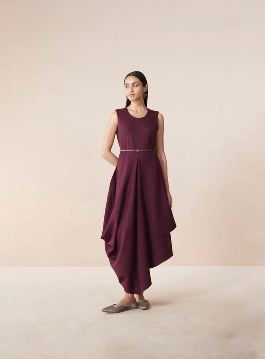 Soraya Cowl Draped Wool Dress in Burgundy