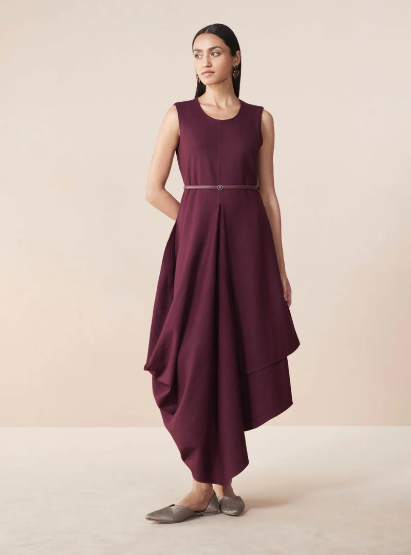 Soraya Cowl Draped Wool Dress in Burgundy