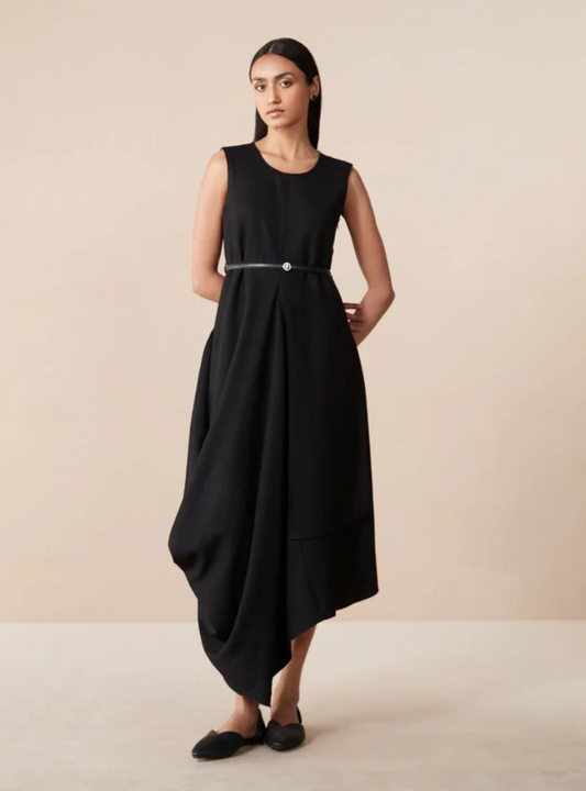 Velora Cowl Black Draped Wool Dress