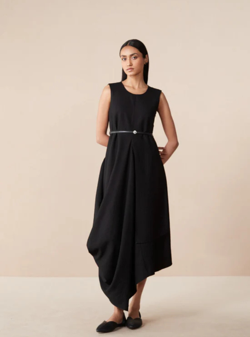 Velora Cowl Black Draped Wool Dress