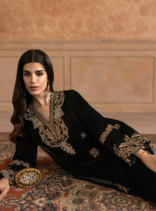 Zara Black Velvet Embroidered Ensemble Shirt & Trouser