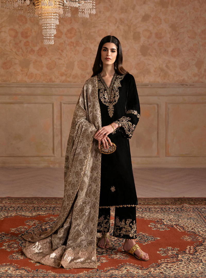Zara Black Velvet Embroidered Ensemble Shirt & Trouser