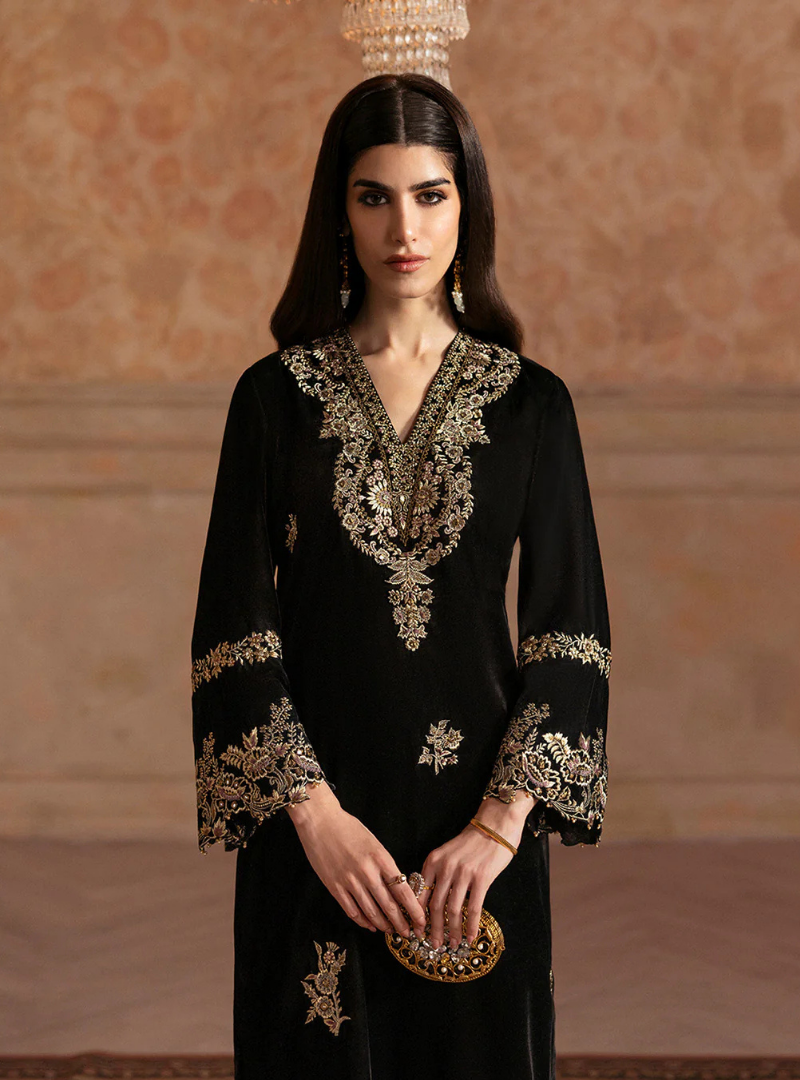 Zara Black Velvet Embroidered Ensemble Shirt & Trouser