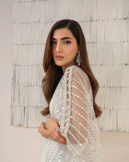 Celeste Embellished White Net Kaftan Dress