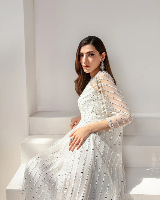Celeste Embellished White Net Kaftan Dress