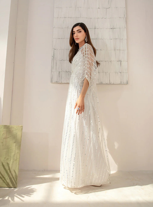 Celeste Embellished White Net Kaftan Dress
