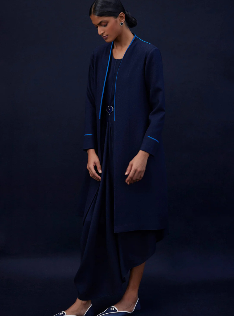 Elara Navy Wool Elegant Embroidered Jacket Outfit