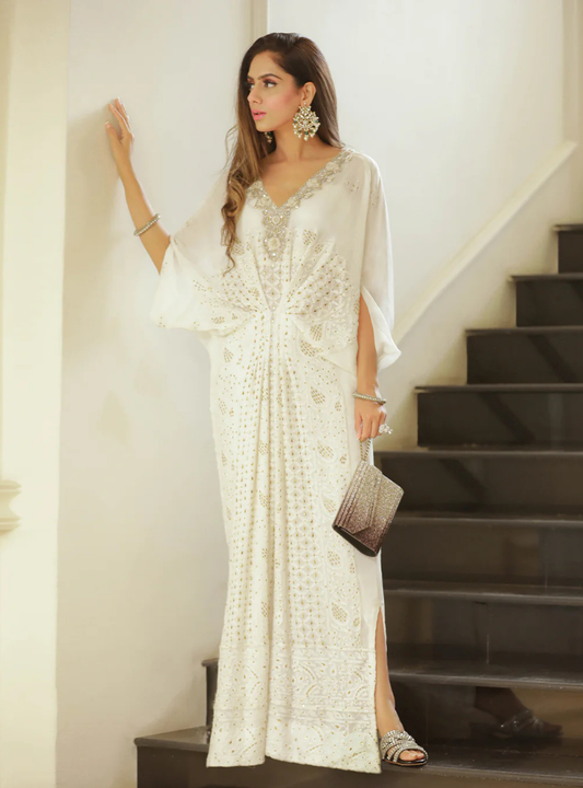 Elina White Chiffon Embellished Kaftan Dress