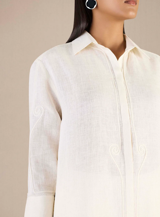 Elina Ivory Embossed Linen Tunic Set