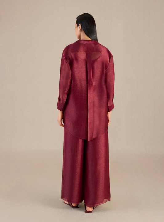 Elira Maroon Linen Slub Shirt Set