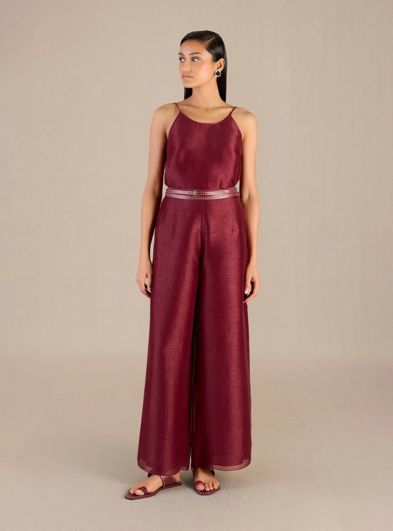 Elira Maroon Linen Slub Shirt Set