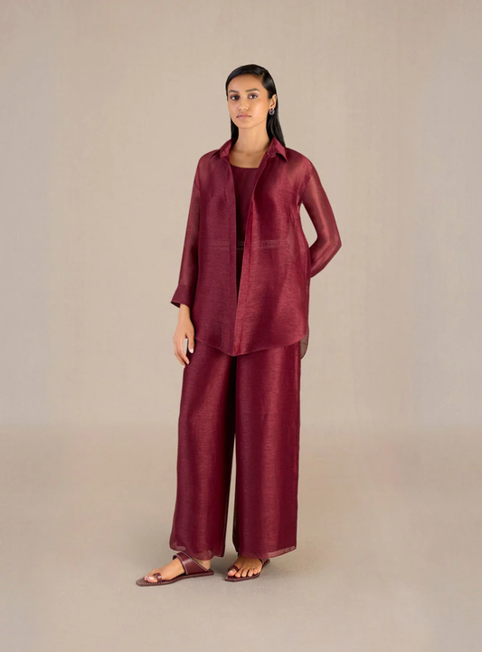 Elira Maroon Linen Slub Shirt Set