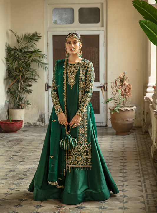 Emerald Green Handworked Korean Raw Silk Dress