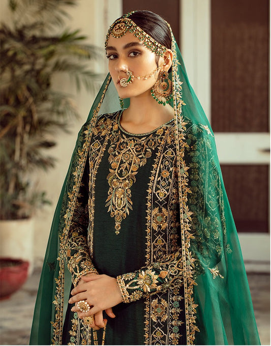 Emerald Green Handworked Korean Raw Silk Dress