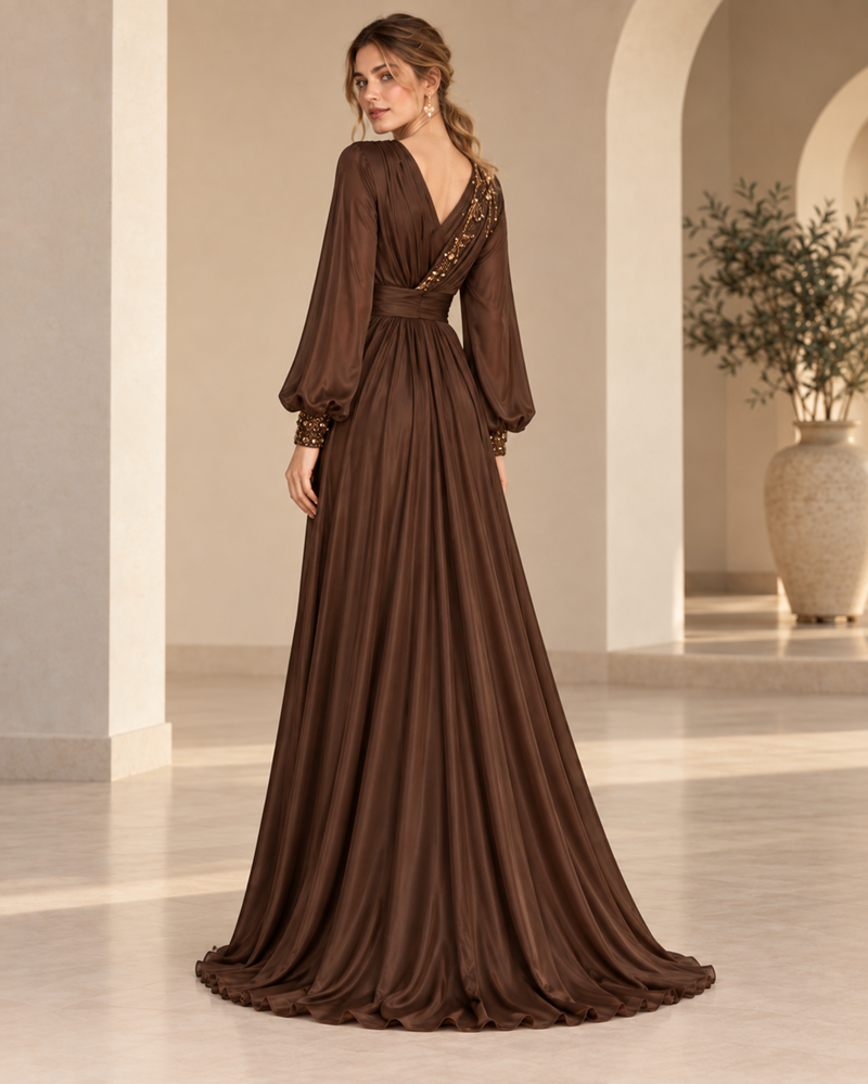 Espresso Drape Wrap Maxi Gown