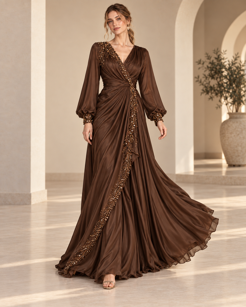 Espresso Drape Wrap Maxi Gown