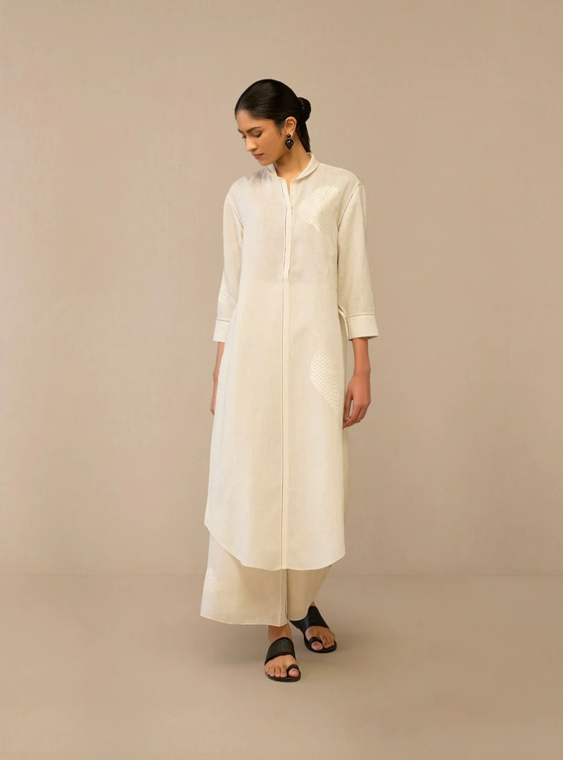 Ivory Bloom Embroidered Linen Tunic Set