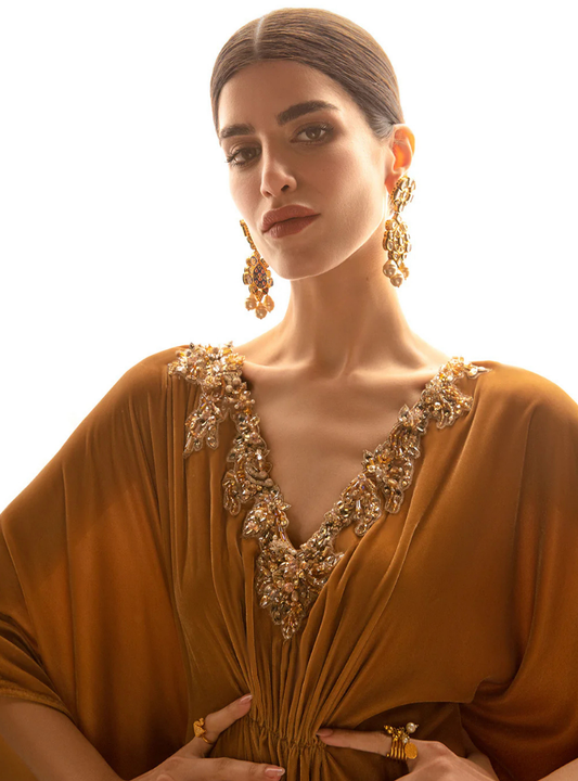 Liana Mustard Embellished Velvet Kaftan Dress