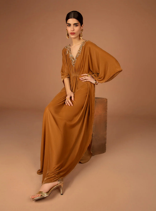 Liana Mustard Embellished Velvet Kaftan Dress