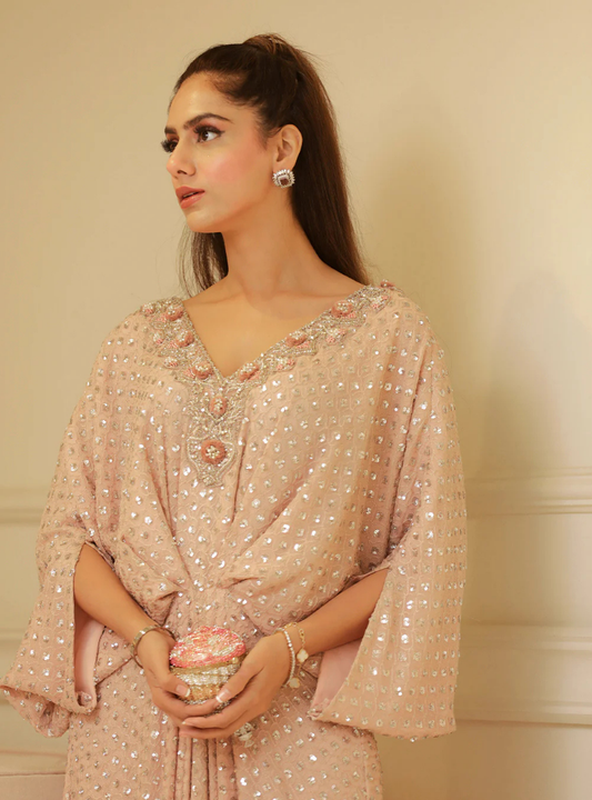 Mira Champagne Sequin Chiffon Kaftan Dress
