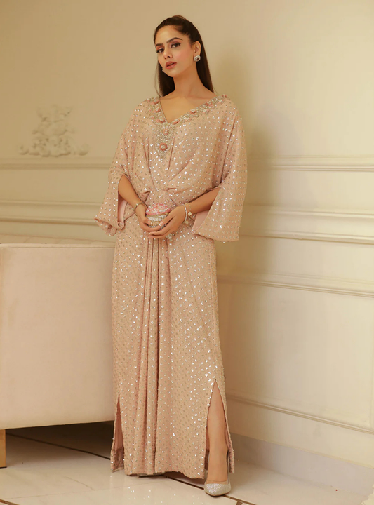 Mira Champagne Sequin Chiffon Kaftan Dress