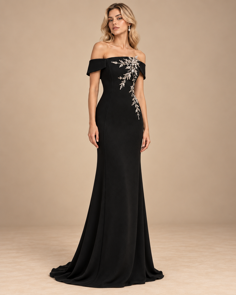 Noir Fleur Off-Shoulder Mermaid Gown Dress