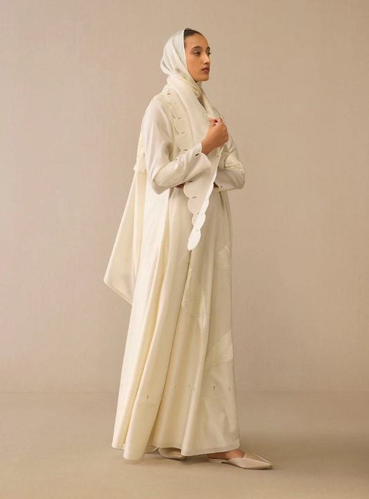 Noor Al Layl Ivory Silk Scarf Dress with Openwork Detailing