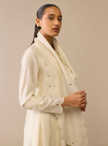 Noor Al Layl Ivory Silk Scarf Dress with Openwork Detailing