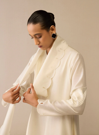 Noor Al Layl Ivory Silk Scarf Dress with Openwork Detailing