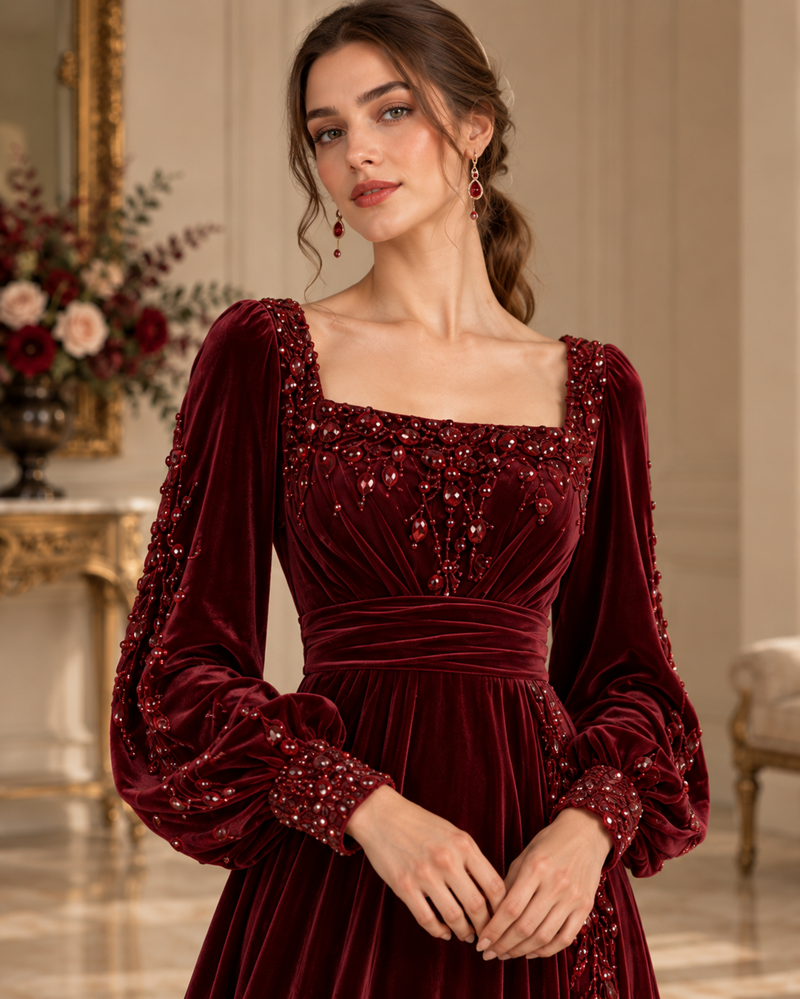 Oxblood Velvet Grace A-Line Evening Gown