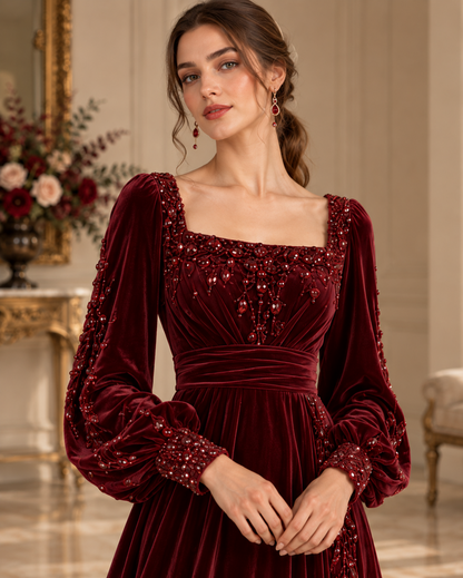 Oxblood Velvet Grace A-Line Evening Gown