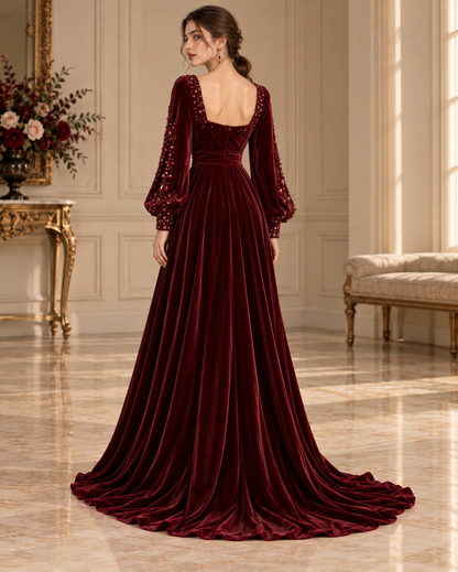 Oxblood Velvet Grace A-Line Evening Gown